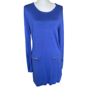 Michael Kors Women's Sweater Dress Sz Large Blue Zipper Accents Long Sleeve $150